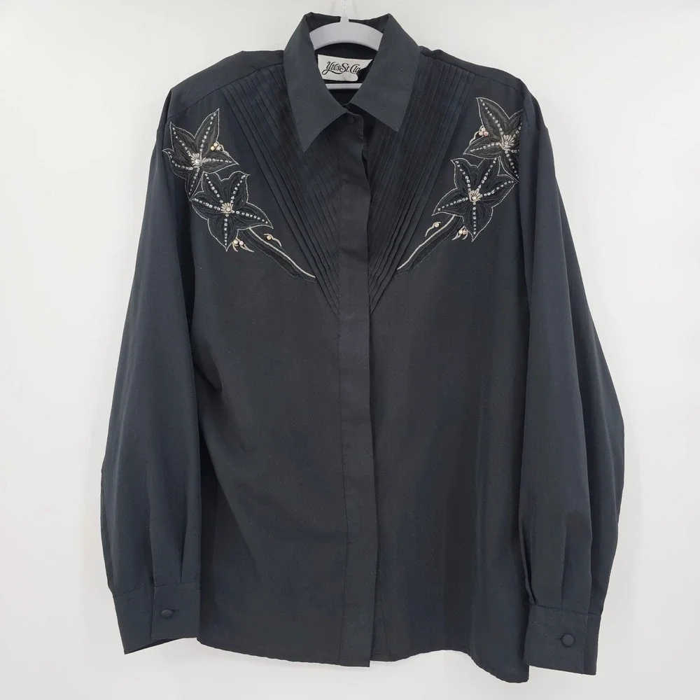 Yves St Clair‎ Black Embroidered Beaded Blouse Long Sleeve Vintage Size 12